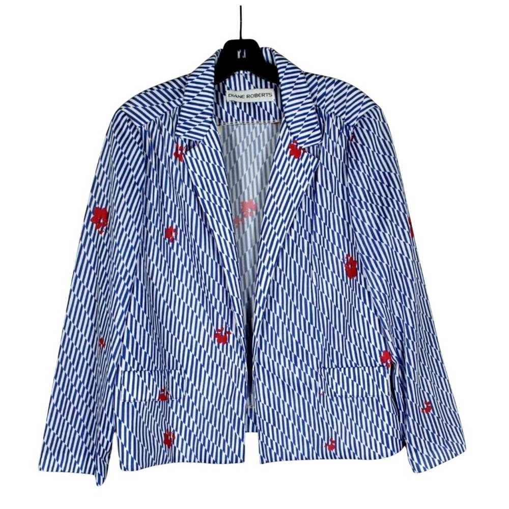 VTG DIANE ROBERTS Open Front POLY-KNIT Blue FLORAL STRIPES Jacket/Topper Sz 20